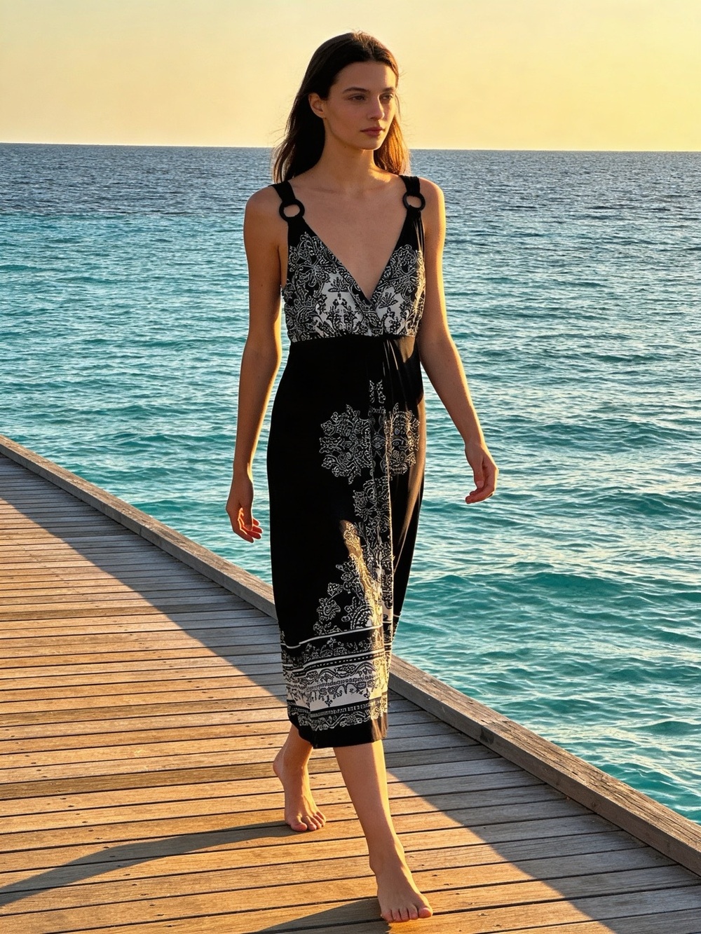 Studio West Black and White Floral-Print V-Neck Midi Dress